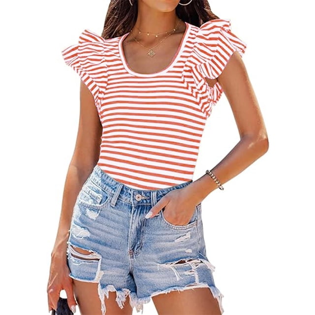 Shorts pour Femmes, Vestes pour Femmes Mode, Mode Femmes Haut à Volants à Rayures Décontracté Ajusté à Manches Courtes à Col Rond