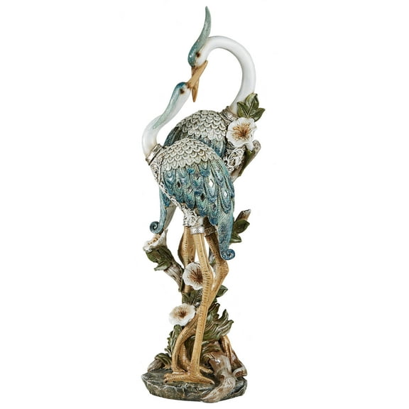 Devoted Cranes Table Sculpture Teal - Made of Resin Coastal Shorebirds - Diamond Mirror Insets, Glitter Accents - Flowers, Vining Leaves Base - Measures 5 Inches Wide, 16 Inches High
