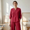 thumbnail image 6 of Womens 2 Piece Sets Cotton Linen Boho Embroidered Tops Wide Leg Palazzo Pants Matching Summer Casual Gauze Outfits,Wine,M, 6 of 8