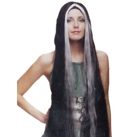 Womens Long 36 inch Black & White Wig Long Streaked Black & Gray Hair Vampiress