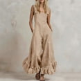 thumbnail image 2 of Women's Cotton‑Linen Spaghetti Strap Wide‑Leg Jumpsuit Sleeveless Square Neck Ruffle Hem One‑Piece Pants with Side Pockets Khaki XL(XL), 2 of 6