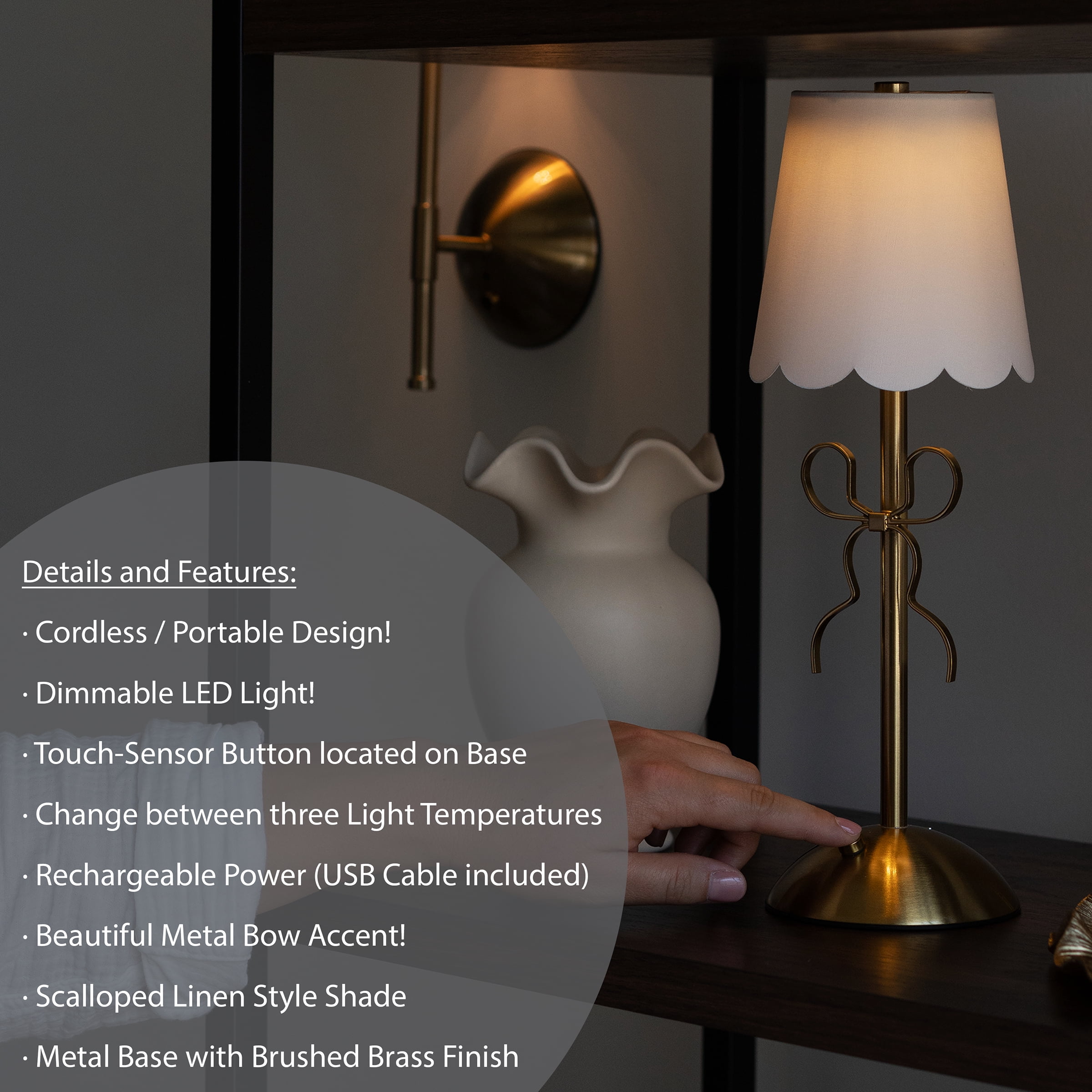 Home Decor Collection Sterling & Noble Home  Tabletop LED Touch Lamp with Scalloped White Fabric Shade and Gold Metal Bow Accent