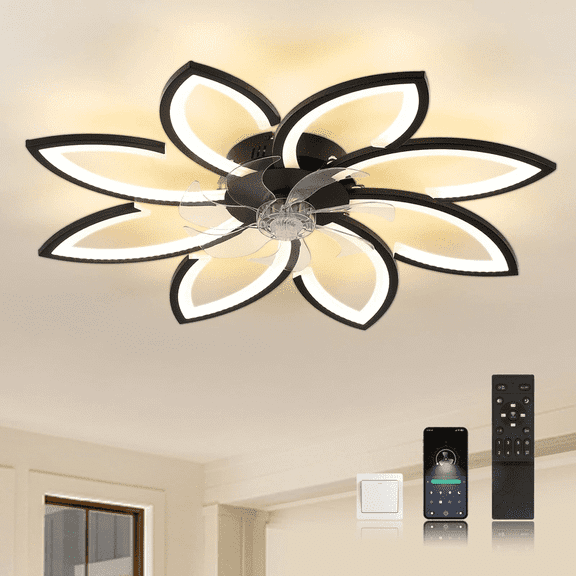 GCGAFUL 34.3 Inch Dimmable Ceiling Fan with Light and Remote, Modern Low Profile Flush Mount Fan with 3CCT, Flower LED Fan for Bedroom Kitchen