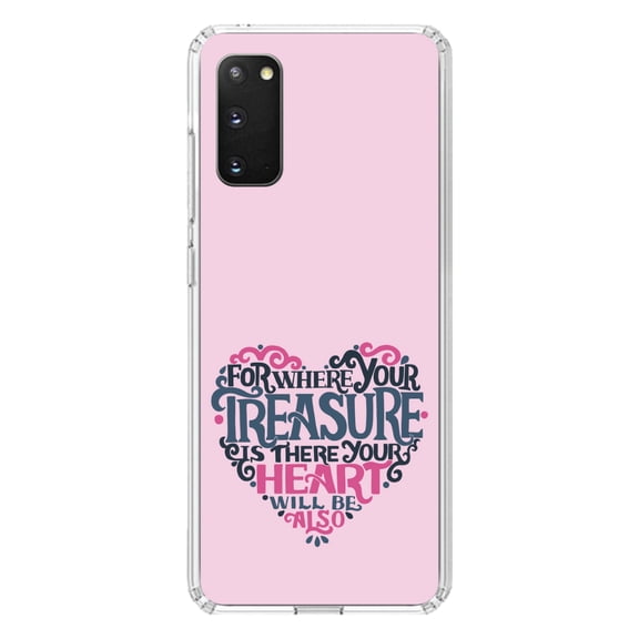 DistinctInk Clear Shockproof Hybrid Case for Galaxy S20 ULTRA / 5G (6.9" Screen) - TPU Bumper, Acrylic Back, Tempered Glass Screen Protector - For Where Your Treasure Is There Your Heart Will Be