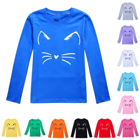 HNMKIU Boys Tshirts Long Sleeve T-Shirt Cartoon Cat Print Soft Top Casual Autumn Kids Clothing Dark Blue 7-8 Years