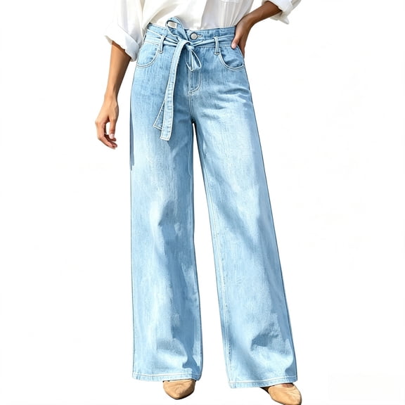 JOLIP Women's High Waist Tie Belt Wide Leg Denim Jeans, Light Wash Loose Straight Baggy Denim Pants