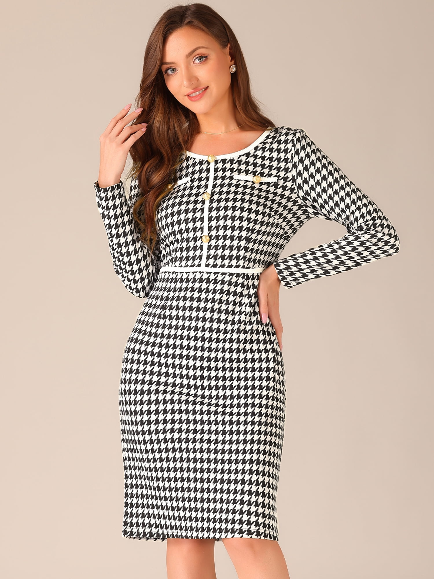 DARING DIVA Houndstooth Round Neck Plaid Sheath Dress M Black