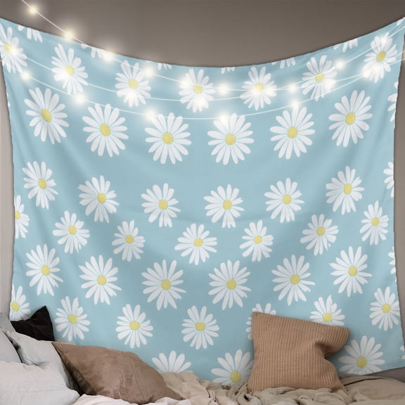 White Teal Daisy Large Tapestry for Bedroom Wall Hanging Tapestry, Spring Summer Floral Farmhouse Ceiling Backdrop Tapestries Poster Blanket Wall Decor for Teens Room Living Room Dorm 100" x 59"