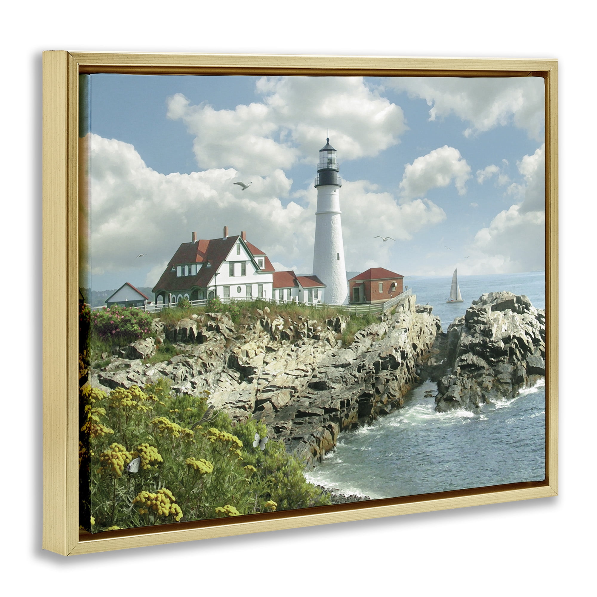 Stupell Industries Portland Lighthouse Peninsula Scene Landscape Painting Gold Floater Framed Canvas Art Print Wall Art, 21 x 17