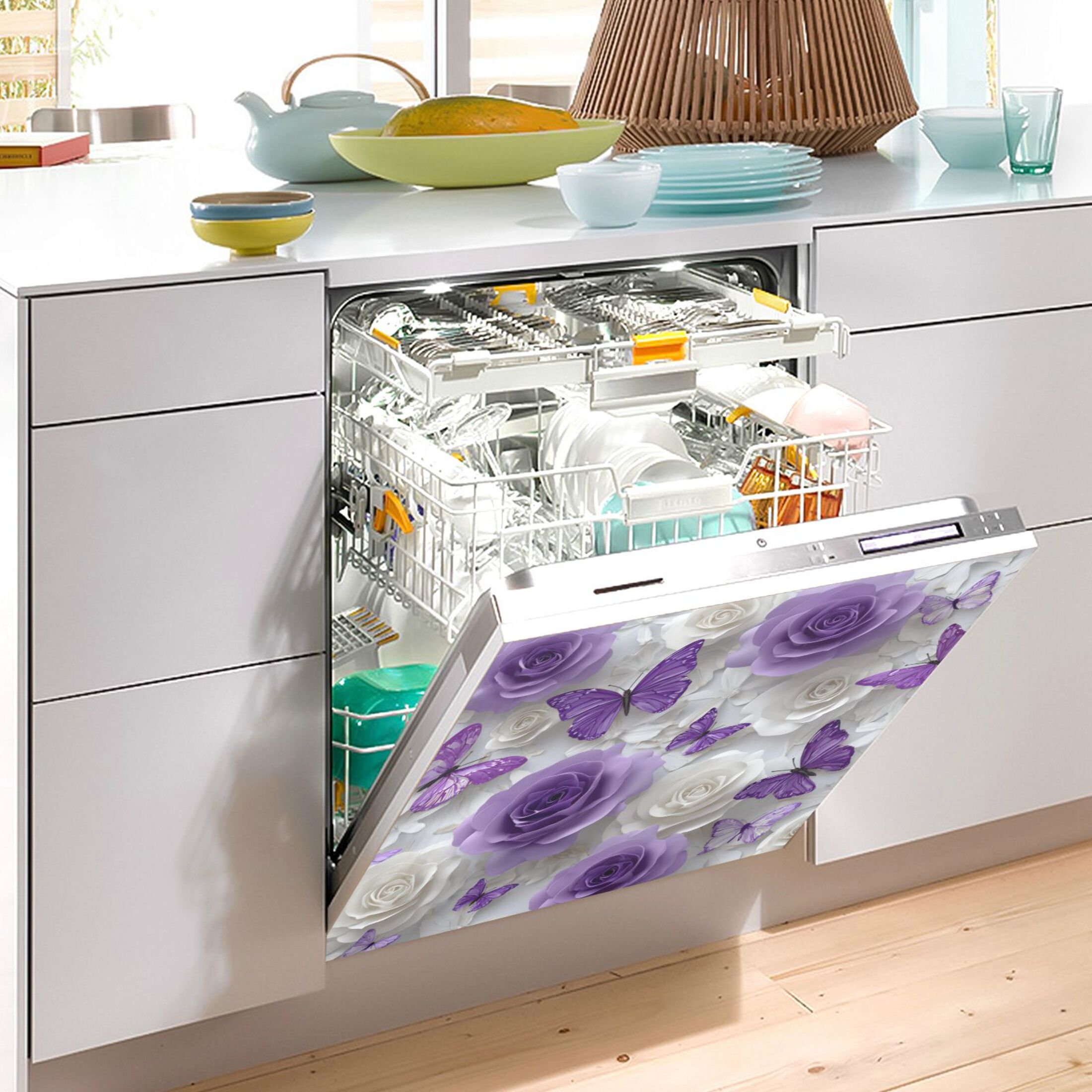 Dishwasher Magnetic Refrigerator Magnet Cover Sticker Home Decorative 23"x26" Purple Butterflies and White Roses
