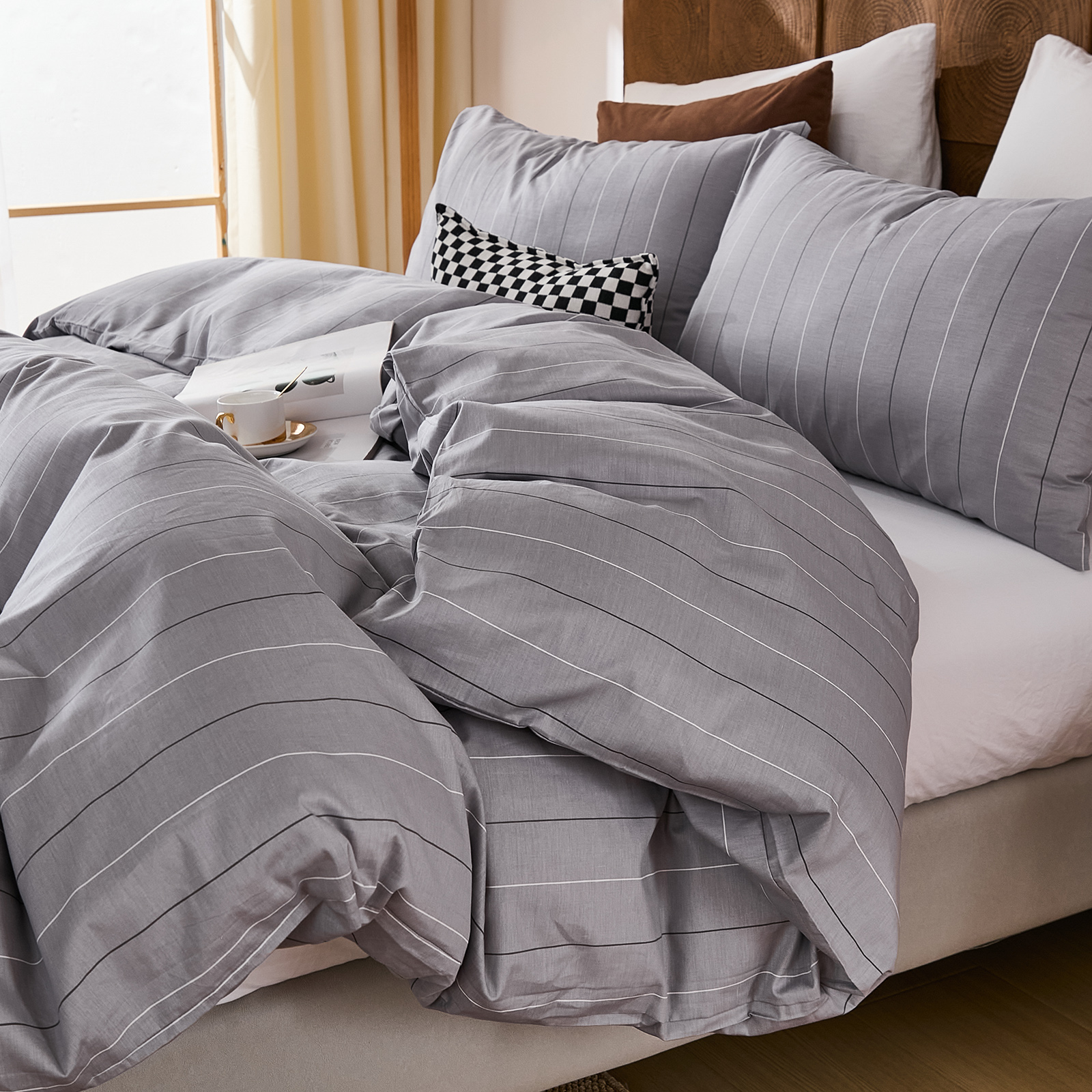 100% Cotton Stripe Duvet Cover Set Queen Size - Gray Striped Duvet Cover Set with Zipper Closure & 8 Corner Ties, Modern Minimalist Wide Stripe Bedding Set for Cozy Elegant Bedroom