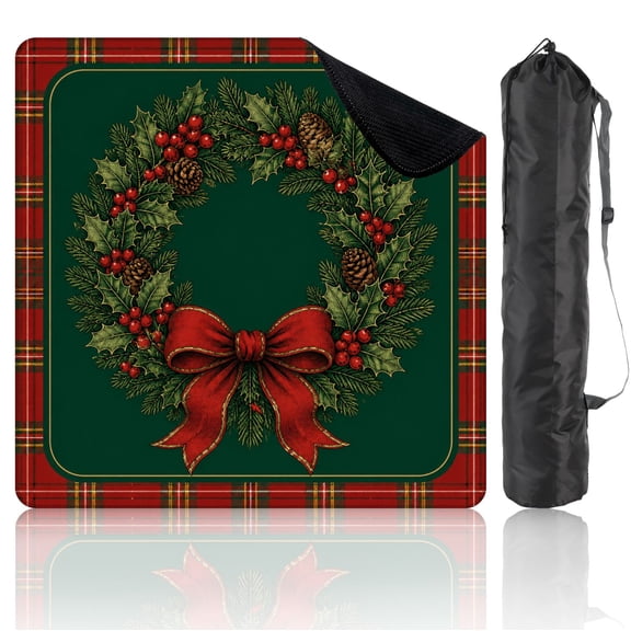 31.5" x 31.5" Mahjong Mat with Carrying Bag Festive Christmas Wreath Non-Slip Noise Reduction Game Mat for American Mahjong Table Cover Game Night Decor Hostess Gift