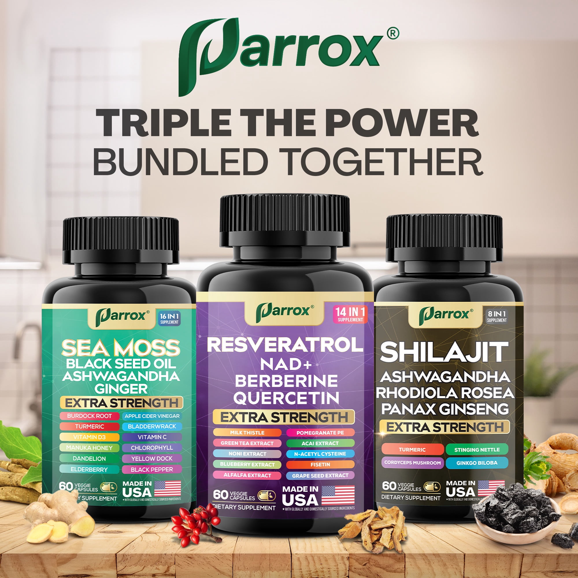 Parrox Advanced Wellness Trio - Sea Moss, Black Seed Oil, Ashwagandha, Burdock Root, Resveratrol, NAD+, Quercetin, Berberine, Grape Seed Extract, Panax Ginseng,Ginkgo Biloba, Rhodiola Rosea, Turmeric