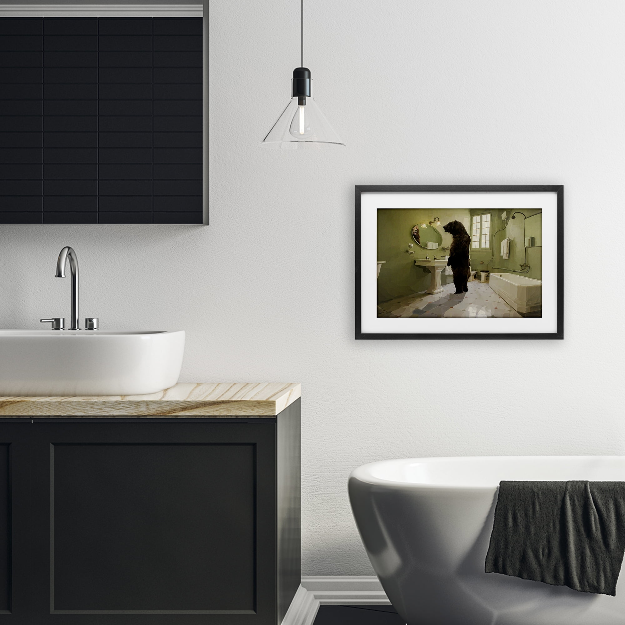 The Houseguest Bear in Bathroom Black Framed Print Under Glass, design by Keith Thomson