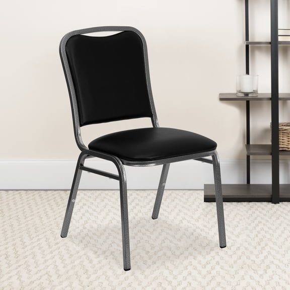 Emma Oliver 4 Pack Angled Back Stacking Banquet Chair in Black Vinyl with Silver Vein Frame