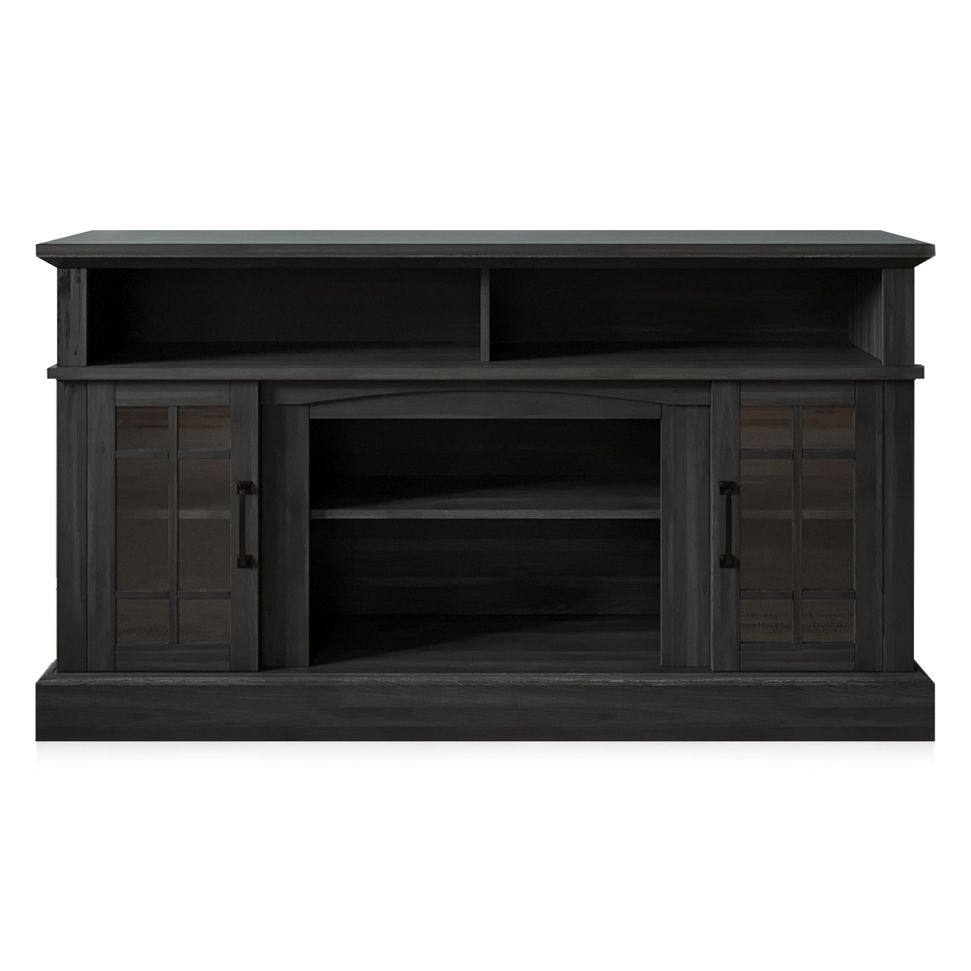 BELLEZE 58 Inch TV Stand, Rustic Wood Entertainment Center for TVs up to 65",  Contemporary Media Console Table with Two Open Shelves and Glass Door Cabinets - Astorga (Rustic Grey)