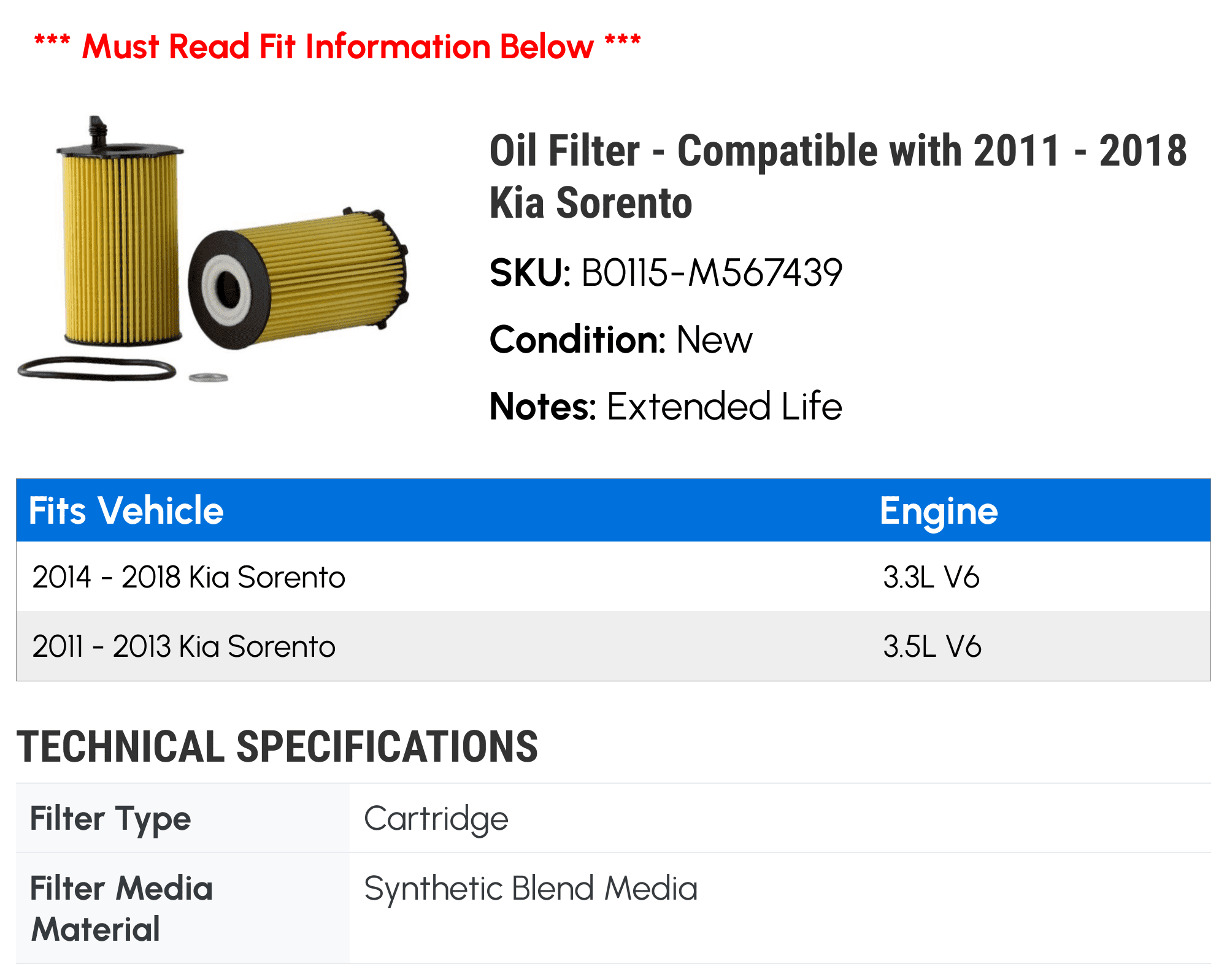 Oil Filter - Compatible with 2011 - 2018 Kia Sorento 2012 2013 2014 2015 2016 2017