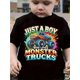 thumbnail image 1 of Camiseta negra juvenil "Just A Boy Who Loves Monster Trucks" de Actflash - 100 % algodón, cuello redondo informal, manga corta con estampado de camión de dibujos animados a todo color, perfecta para, 1 of 7
