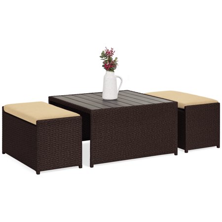 Best Choice Products 3-Piece Outdoor Modern Wicker Coffee Table Conversation Furniture Set for Patio, Porch w/ Wood Tabletop, 2 Ottoman Benches, Cushioned Seating, (Best Varnish For Outdoor Wood Furniture)