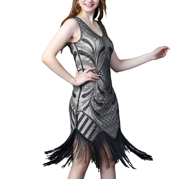 Gibobby Vestido casuales Retro con borlas los años 20, vestido baile con borlas y lentejuelas para fiesta, vestido sin mangas con cuello en V doble, vestido pequeño con cuentas(Gris, XL)