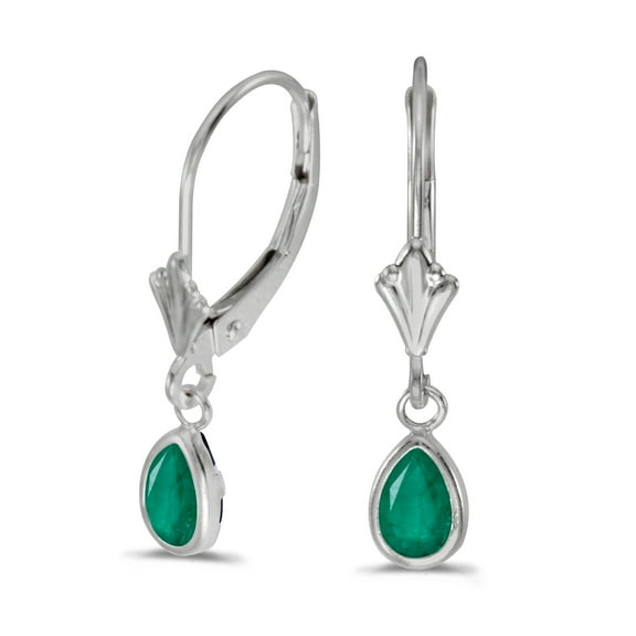 14k White Gold Pear Emerald Bezel Lever-back Earrings