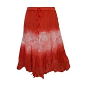 Mogul Women's Embroidered Skirt Red Tie Dye Elastic Waist Rayon Skirts