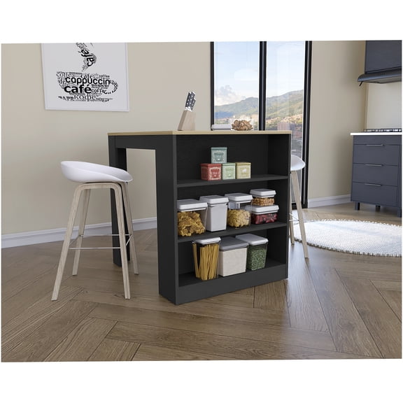 Tanna Black and Pine Kitchen Counter Table with Storage Shelves, Small Space Dining Solution