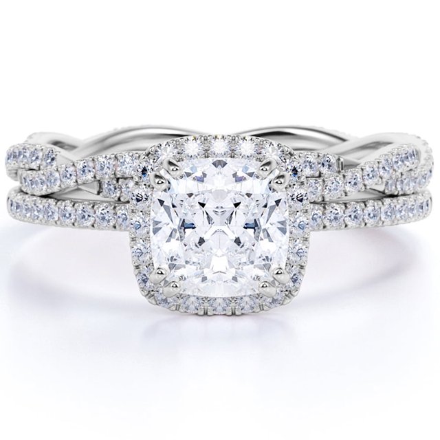 JeenMata Conjunto de Boda con Halo de Moissanita de Corte Cojín de 1,5 Quilates con Estilo Infinito con Banda Art Déco en Oro Blanco de 18 K sobre Plata
