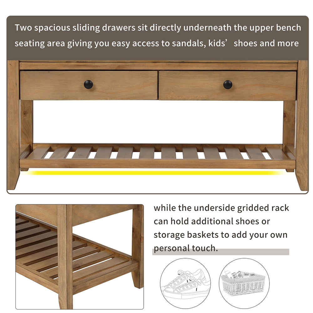 Lowestbest Wooden Storage Bench, Shoe Bench Rustic Solid Wood Entryway Bench Rack, Shoe Rack with Cushioned Seat and Drawers, Old Pine