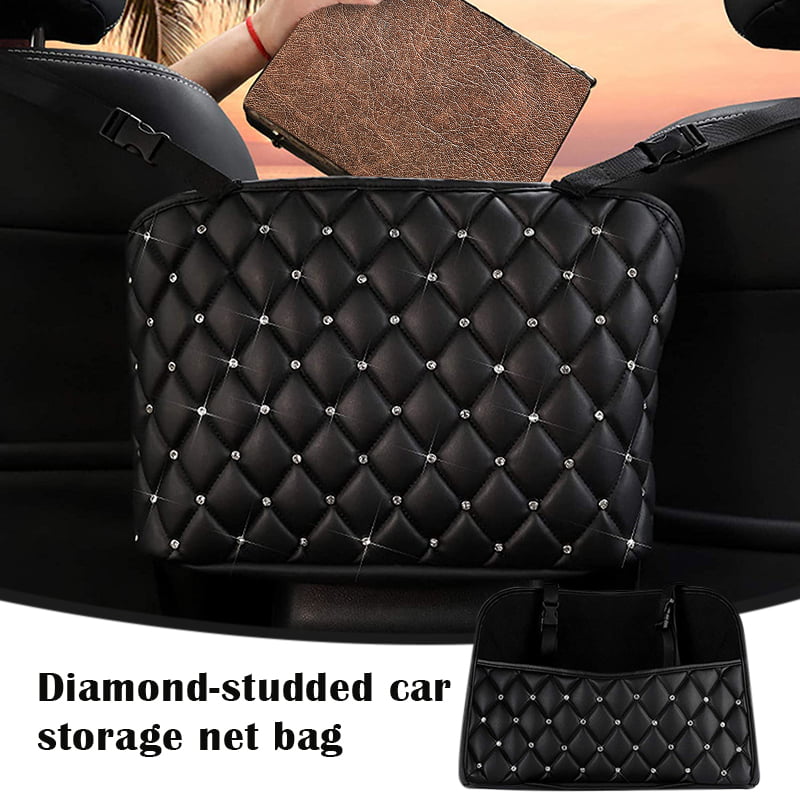 Car Handbag Holder Leather Seat Back Organizer Rhinestone Large Capacity Bag Purse Storage Pocket Seat Back Net Bag