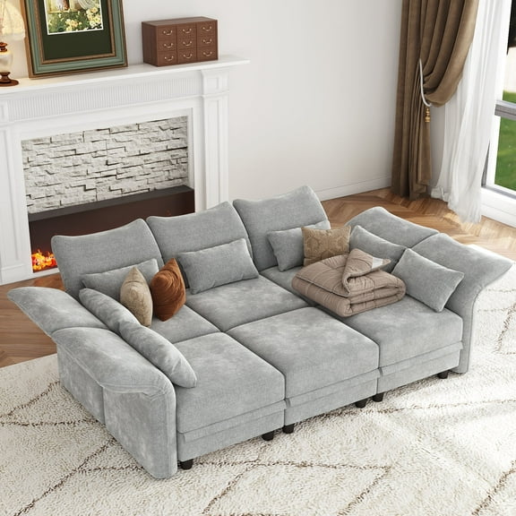 NYBOPAVIS Modular Sectional Sofa, 6 Seat Modular Sectional Sofa Convertible Sleeper Sofa Bed, 25.6" Deep Seat Chenille Sofa for Living Room Gray