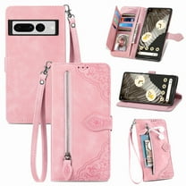 SaniMore Case for Google Pixel 7 Pro 6.7" 2022, PU Leather Zipper Wallet Detachable Lanyard Retro Embossed Flower Crad Slots Flip Kickstand Full Body Protective Drop-proof Case, Pink