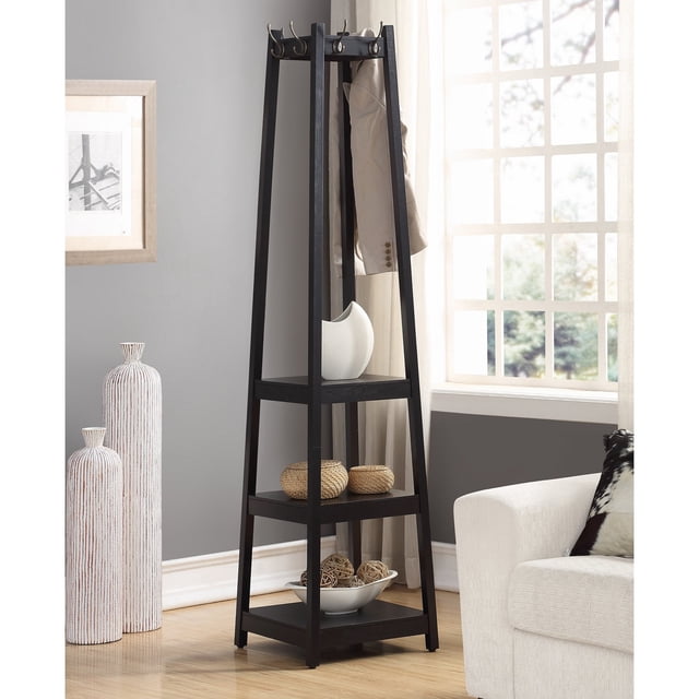 Roundhill Furniture Vassen Coat Rack with 3-Tier Storage Shelves, Black Finish