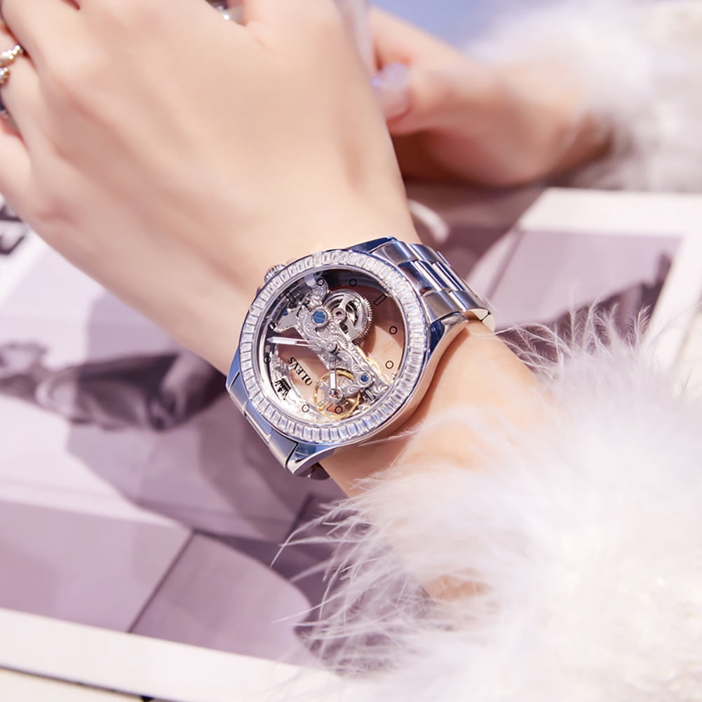 OLEVS Automatic Watches for Womens Mechanical Diamond Skeleton Self Winding Stainless Steel Luxury Dress Waterproof Luminous Ladies Watches Womens Wrist Watches Gift Reloj Para Mujer