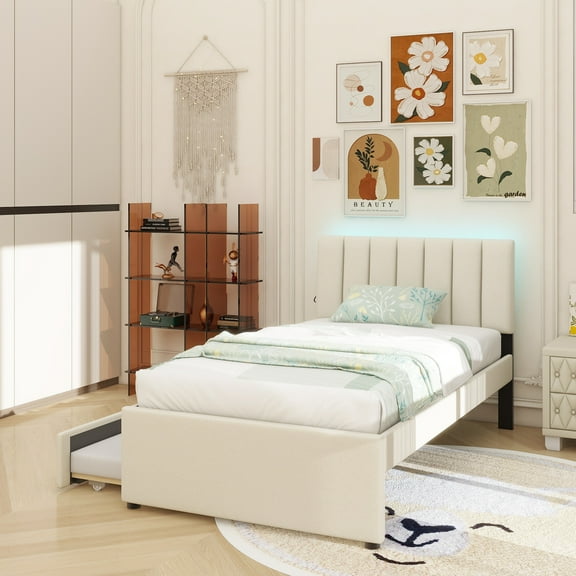 Teddy Fleece Twin Size Upholstered Platform Bed with Trundle, Beige