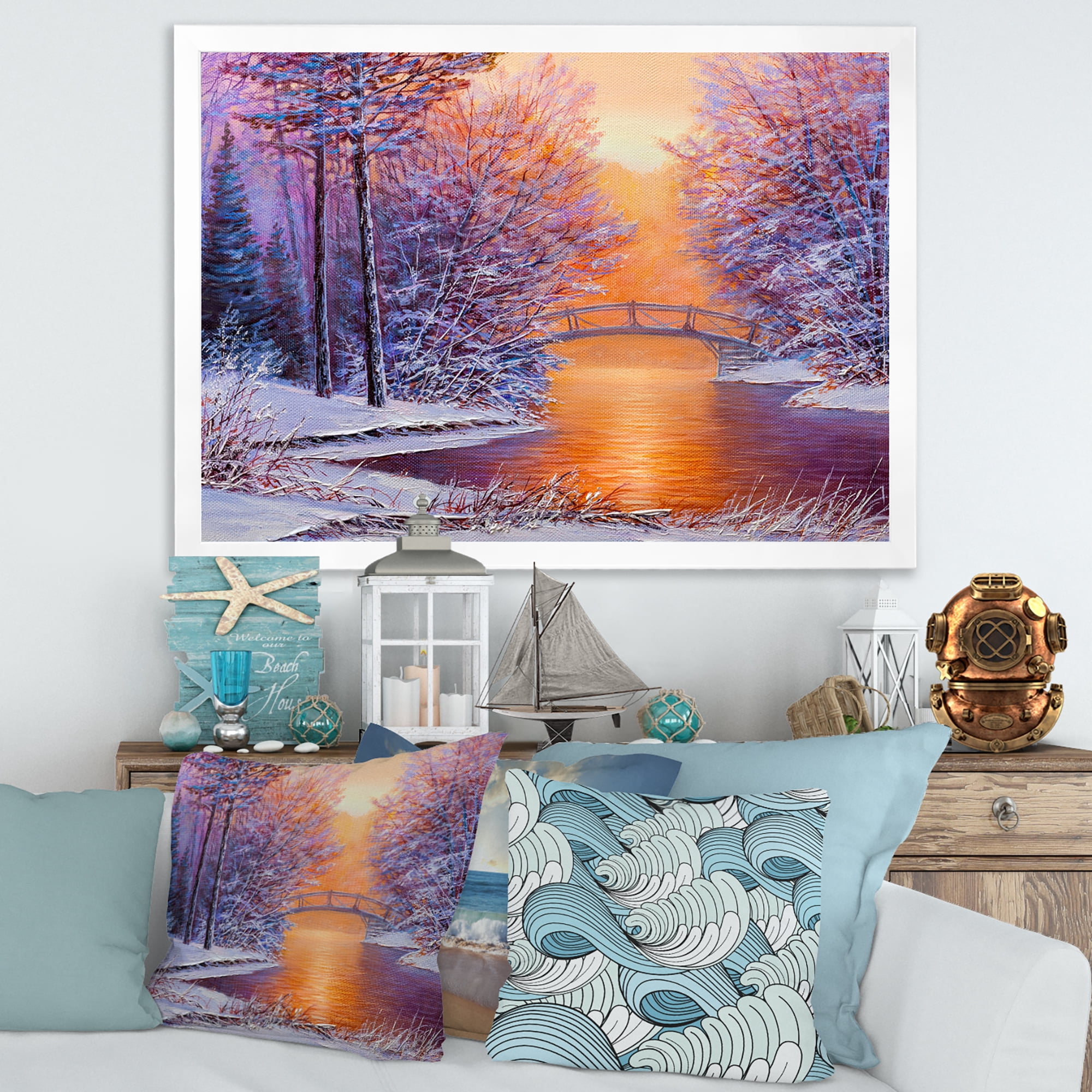 Designart 'Winter Landscape With Bridge Over The River' Traditional Framed Art Print