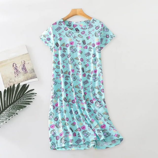 Pyjama en Coton pour Femmes, Nuisette Grande Taille Vêtements Tricotés Doux à Manches Courtes Col Rond, Bleu P-TG,