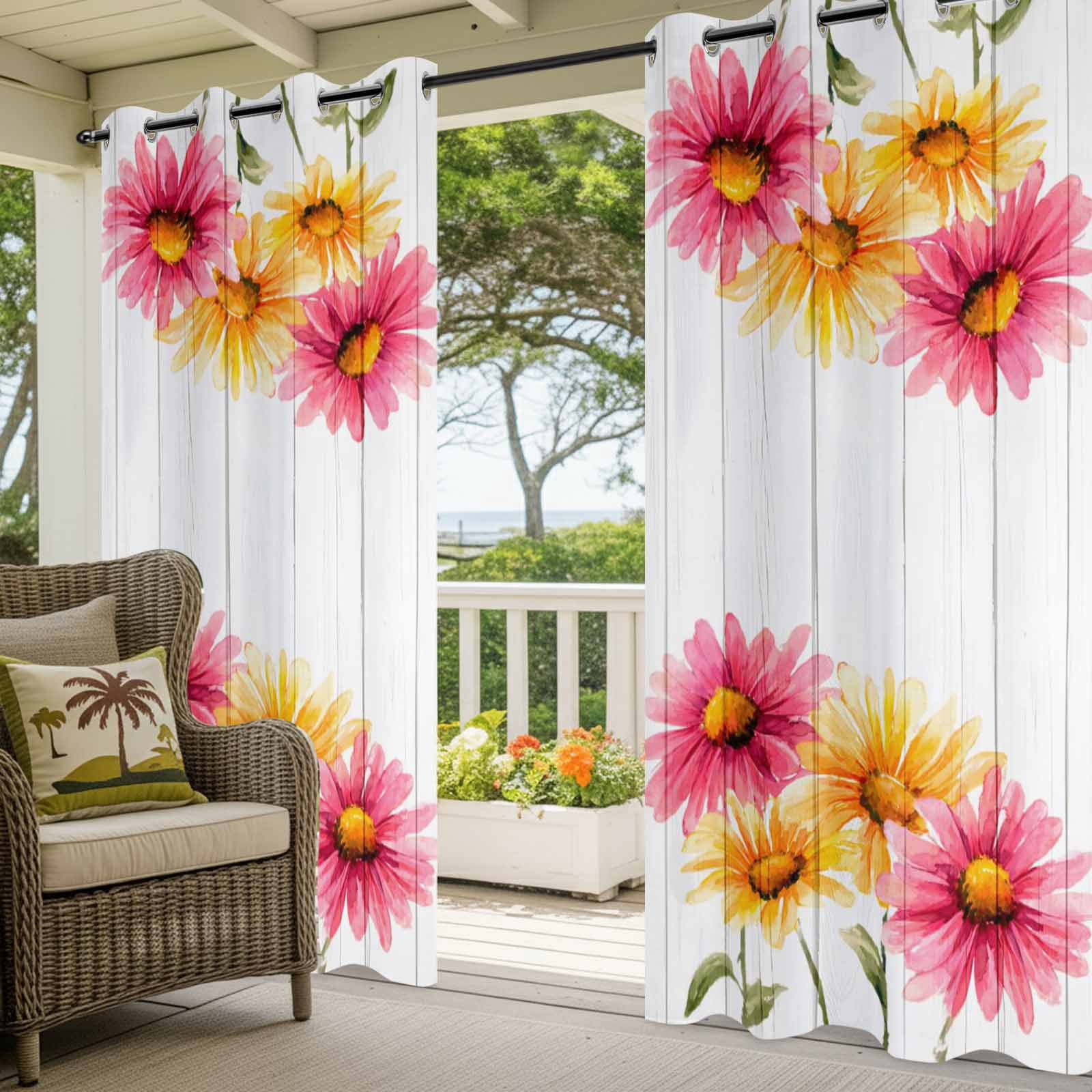 Yellow Pink Daisy Outdoor Curtains for Patio, Rustic Farmhouse Wooden Slats Sunshade Privacy Drapes Grommet Waterproof Outside Curtains for Porch/Cabana/Balcony 54"x 108", 1 Panel