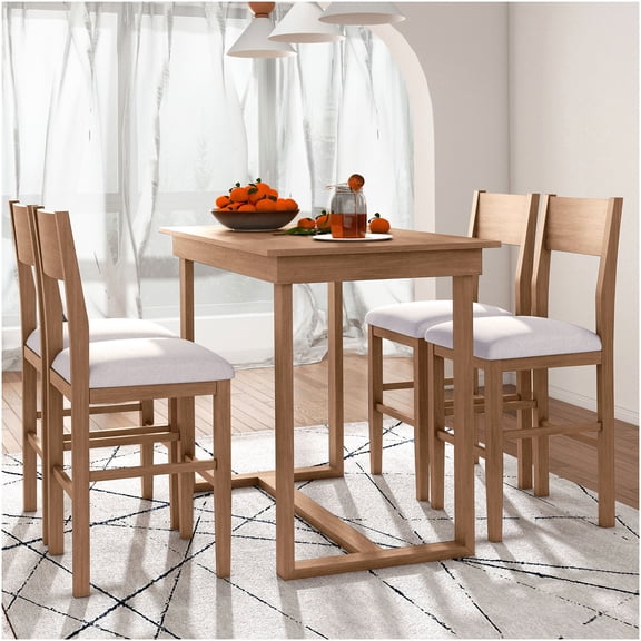 Farmhouse Counter Height Dining Table Set with 4 Upholstered Chairs, Solid Wood Kitchen Set for Small Spaces, Brown