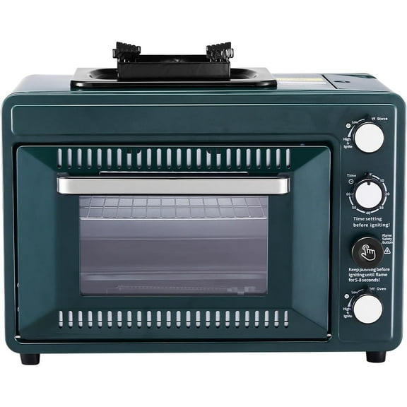 Outdoor Camping Oven, 2-in-1 Portable Gas Camping Stove Oven Combo, Adjustable Fire, 60-Minute Timer, Windproof, for Camping Backyard Picnic Outdoor Cooking, Universal Butane Canister Compatible