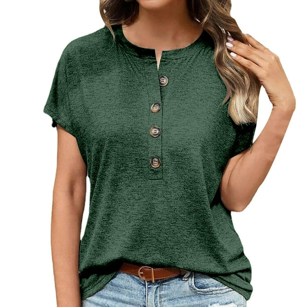 Gibobby Playera de Manga Corta con Cuello Redondo Blusa informal manga corta con cuello redondo y botones color liso para mujer(Verde,G)