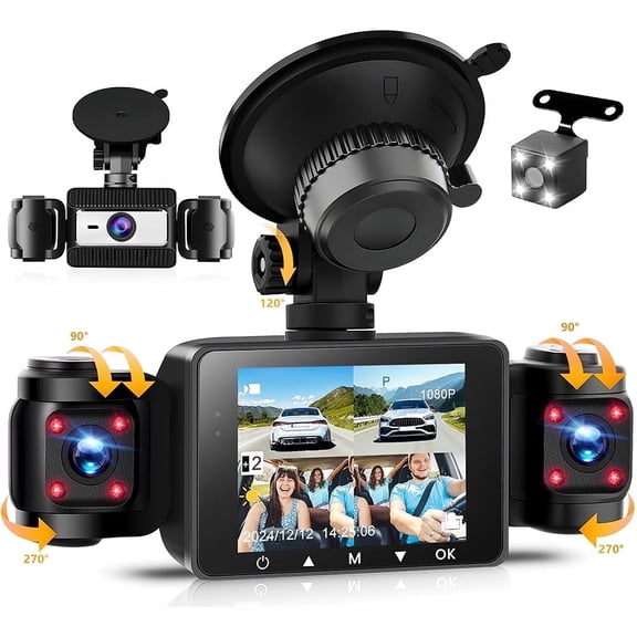 360° 4 Channel Dash Cam FHD 1080P - Front Rear Left Right & Inside Recording, Night Vision, 24H Parking Mode, G-Sensor Loop Recording, 2.4inch IPS Screen Car Black Box Traffic Recorder