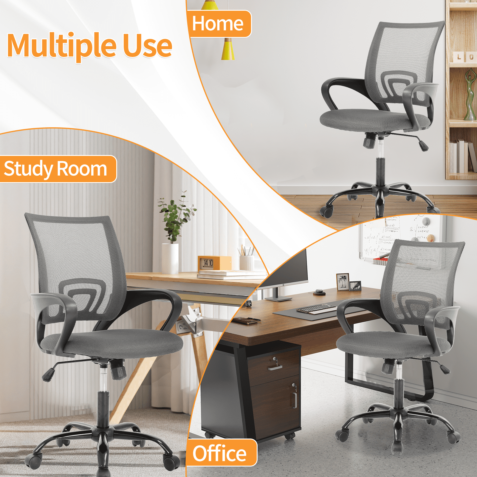 Mid Back Computer Chair Mesh Office Chair Height Adjustable Task Rolling Swivel Chair Comfortable Seat & Back Support Ergonomic Desk Chair with Armrest & 360 Degree Casters,Grey