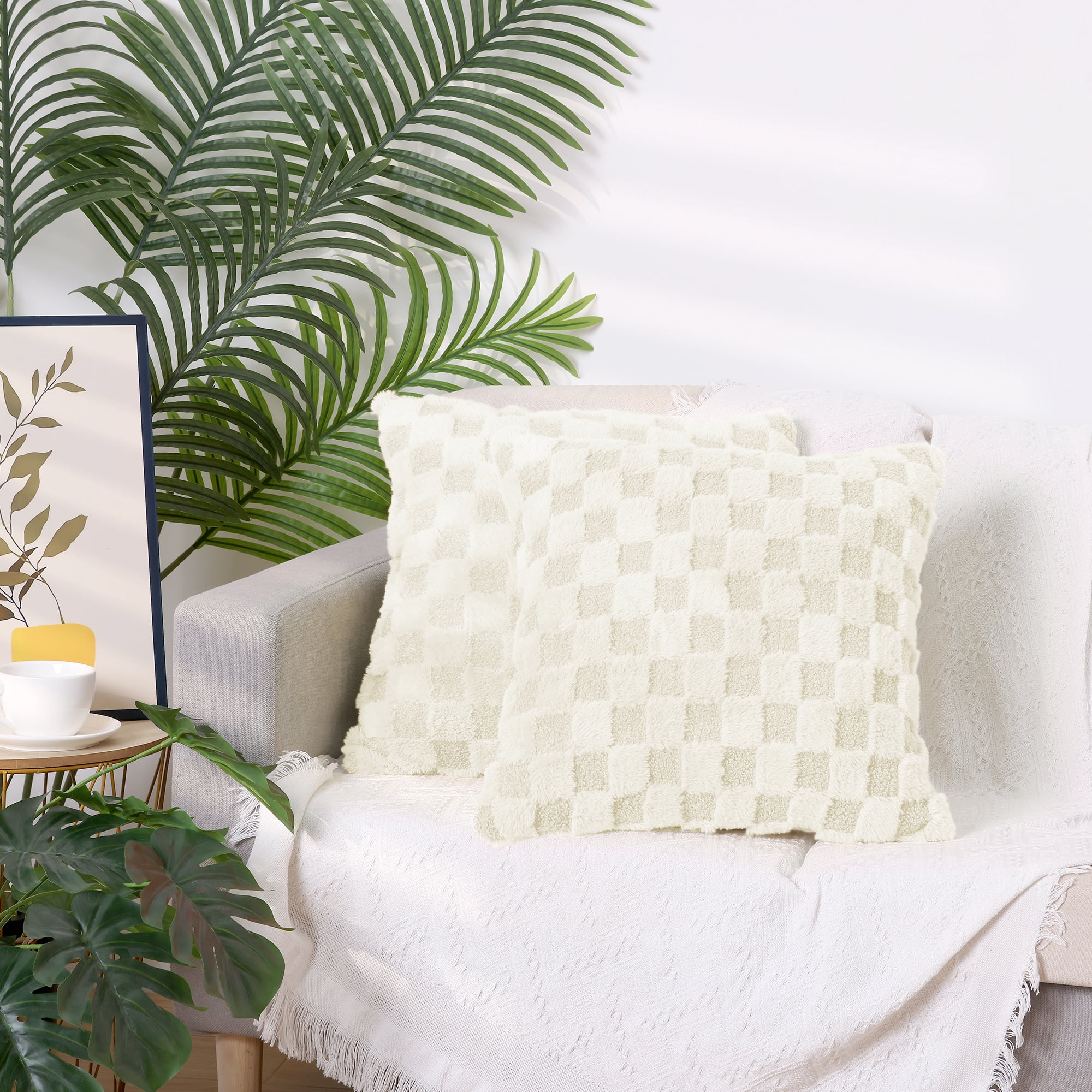 Unique Bargains Faux Fur Plaid Decorative Pillow Covers Square Pillowcase White 18" x 18"