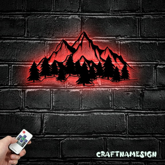 Craftnamesign Nature Mountain Forest Metal Wall Art LED Light, Hill Tree Large Adventure Sign