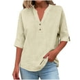 thumbnail image 2 of Mceream Linen Tops for Women 3/4 Sleeve Length Casual Button Down V Neck Loose Fit Tshirt Lightweight Oversized Summer Tunic Tops Plus Size Blouses Blusa De Lino Para Mujer Beige L, 2 of 8