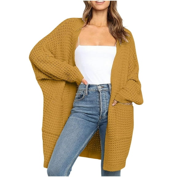 UAMVSH Cardigan Sweaters for Women Long Lantern Sleeve Open Front Crochet Knitwear with Pockets Fall Lightweight Long Overcoats(X-Large,Yellow)