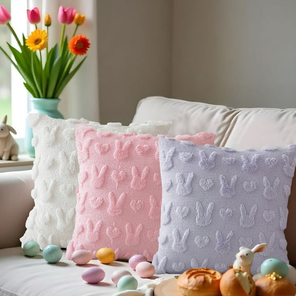 2PCS Pillow Covers Decorative 24x18 Easter Bunny Pillowcase Sofa Living Room Quilted Embroidered Pillowcase Pink