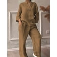 thumbnail image 3 of Womens Cotton Linen 2 Piece Sets V Neck Button Down Long Sleeve Shirt Wide Leg Trouser Sets with Pockets Khaki L, 3 of 5