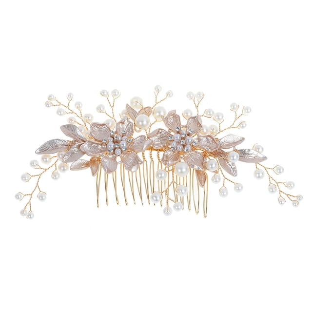Nvzi Horquillas para el pelo de boda con flores para novias, peinetas con perlas de cristal, pinzas para el pelo, tocado, accesorios para el pelo de boda dorados, joyas - doradas